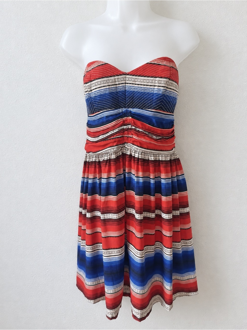 Parker Dress Medium Silk Strapless Red Blue Striped Ruched Mini